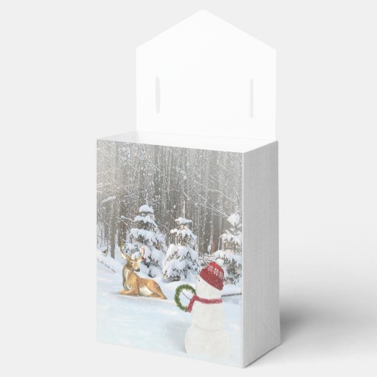 Kerstsneeuwman met herten in de bos bedankdoosjes (Geopend)