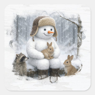 Kerstsneeuwman met vrienden in winterbossen vierkante sticker