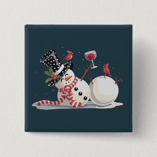 Kerstsneeuwman met wijncadeau Xmas drinken Vierkante Button 5,1 Cm
