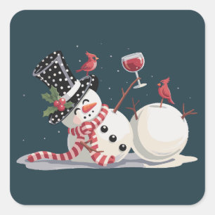 Kerstsneeuwman met wijncadeau Xmas drinken Vierkante Sticker
