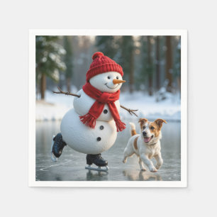Kerstsneeuwman schaatst met hond servet