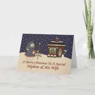 Kerstsneeuwman voor een speciale neef en vrouw feestdagen kaart