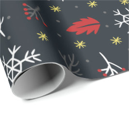 Kerstsneeuwvlokken en -bladeren met zwarte rug cadeaupapier
