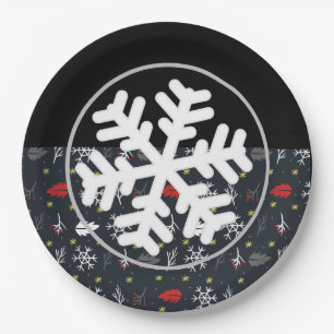 Kerstsneeuwvlokken en -bladeren met zwarte rug papieren bordje