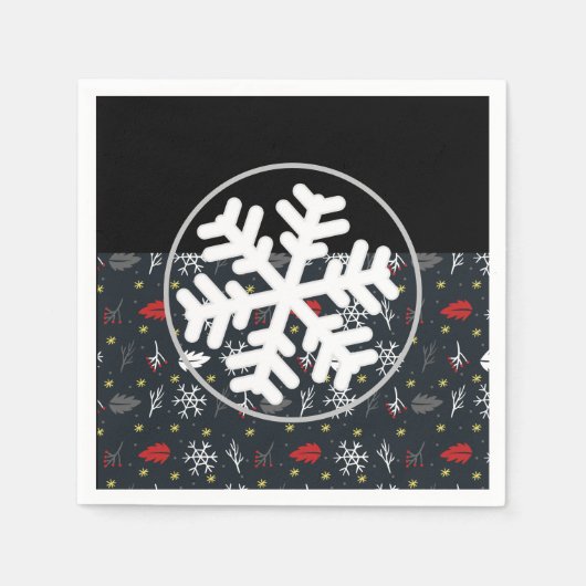 Kerstsneeuwvlokken en -bladeren met zwarte rug servet (Voorkant)