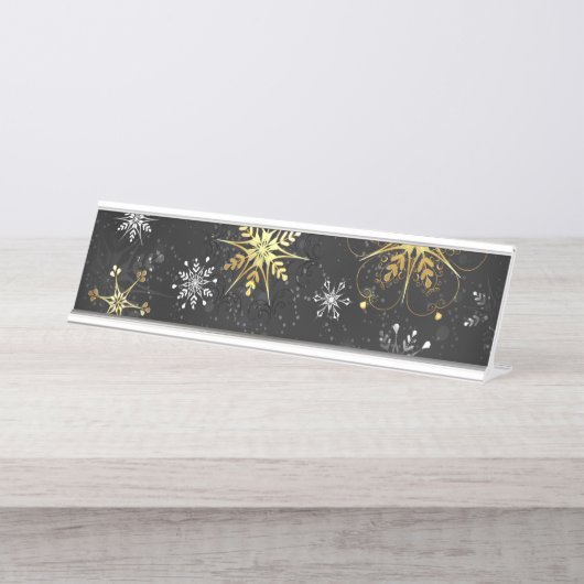 Kerstsneeuwvlokken in goud op een zwarte achtergro bureau naambordje (Voorkant)