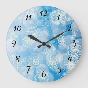 Kerstsneeuwvlokken op een blauwe achtergrond grote klok