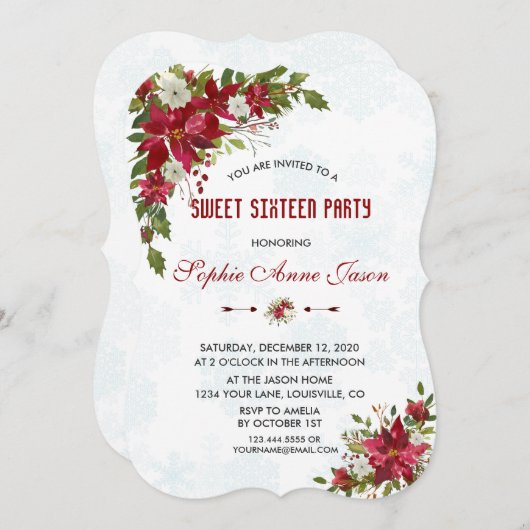 Kerstsneeuwvlokken Poinsettia Sweet Sixteen Kaart (Voorkant / Achterkant)