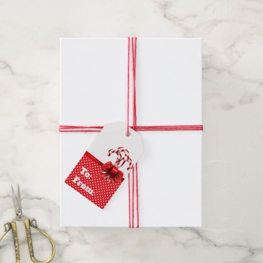 kerstsnoepjes met rode en witte Stippen Cadeaulabel (Met Touw)