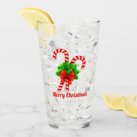 kerstsnoepriet en rood lintje op maat glas (Voorkant ijs)