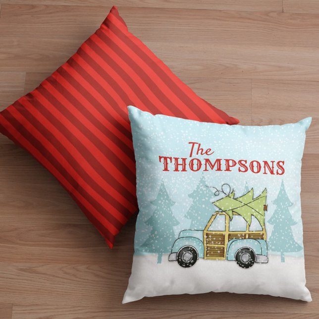 kerstsnowflakes autocrème, aangepast kussen (Whimsical Christmas holiday Woodie car throw pillow)
