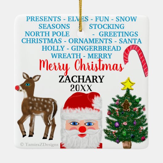 Kerstsnowflakes Mini 15 Word Puzzle Name Keramisch Ornament (Achterkant)