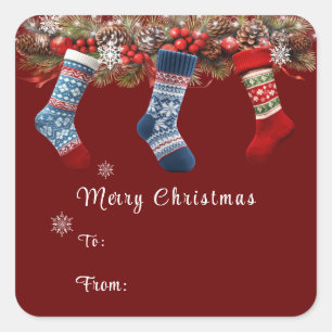 Kerstsokken Dennenkegel Guirlande Vierkante Sticker