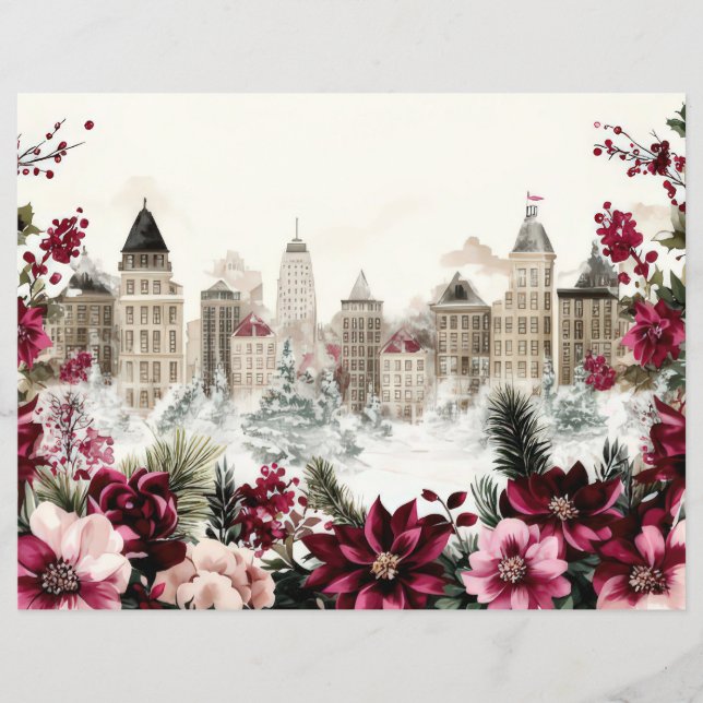 Kerststad en bloemen Scrapbook Papier (Voorkant)