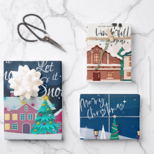 Kerststad Landschap Vrolijk Kerstcitaat Inpakpapier Vel