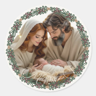 Kerststal Baby Jezus in de Kribbe Uw Foto Ronde Sticker