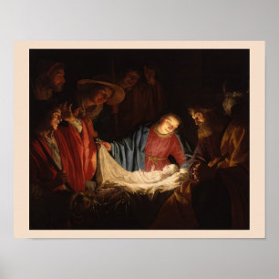 Kerststal Baby Jezus & Maria Verlicht Kunstwerk Poster