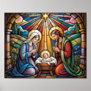 Kerststal Gebrandschilderde Kunst – Heilige Famili Poster