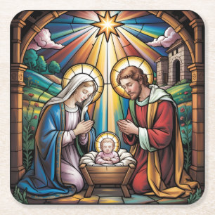 Kerststal Gebrandschilderde Kunst – Heilige Famili Vierkante Kartonnen Onderzetter