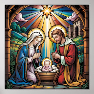 Kerststal Glas-in-lood Kunst – Heilige Familie Ker Poster