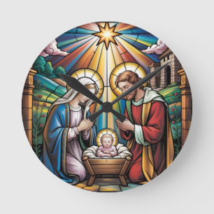 Kerststal Glas-in-lood Kunst – Heilige Familie Ker Ronde Klok