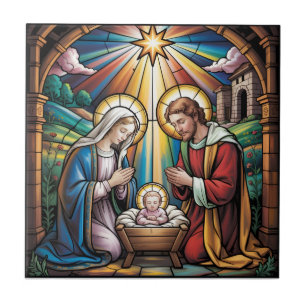 Kerststal Glas-in-lood Kunst – Heilige Familie Ker Tegeltje