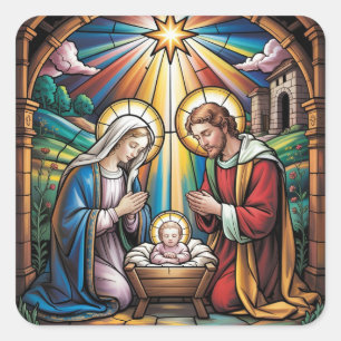 Kerststal Glas-in-lood Kunst – Heilige Familie Ker Vierkante Sticker