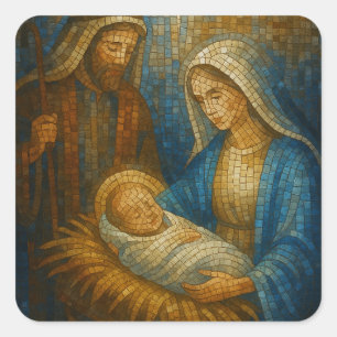 Kerststal Glas-in-lood Mozaïek Heilige Familie Vierkante Sticker