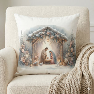 Kerststal in rustieke stijl met winterbloemen kussen