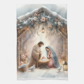 Kerststal in rustieke stijl met winterbloemen theedoek (Verticaal)