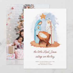 Kerststal in slaap op het hooi Foto Kerstmis Feestdagenkaart