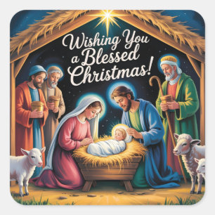 Kerststal kerstgroet vierkante sticker