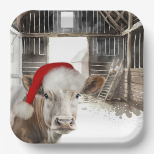 Kerststal Koe met Santa Hat Papieren Bordje