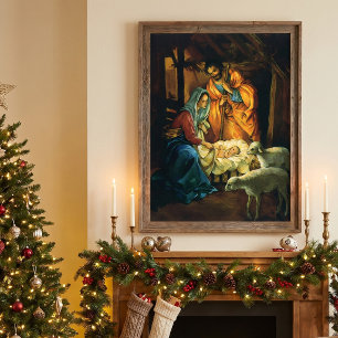 Kerststal met Baby Jezus in de kribbe Poster