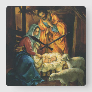 Kerststal met Baby Jezus in de kribbe Vierkante Klok