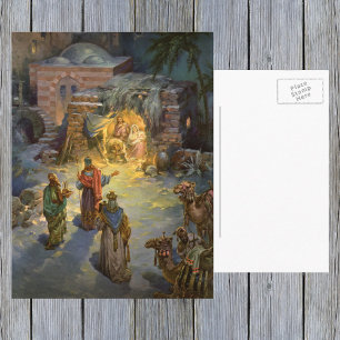 Kerststal met bezoekende Wijzen Feestdagenkaart
