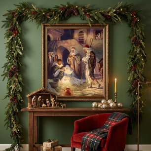 Kerststal met drie herders en Jezus Poster