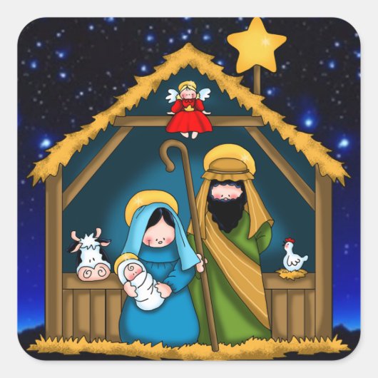 kerststal scène vierkante sticker (Voorkant)
