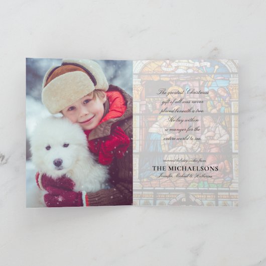 Kerststal van Jezus in glas-in-lood Feestdagen Kaart (Binnen)