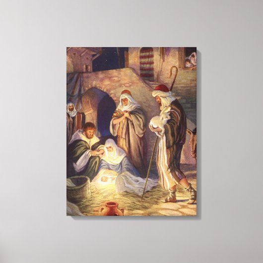 Kerststal vintage, 3 herders canvas afdruk (Voorkant)