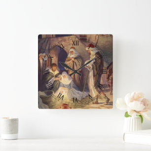 Kerststal vintage, 3 herders en Jezus Vierkante Klok