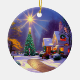 Kerstster die over een kerstboom schittert keramisch ornament