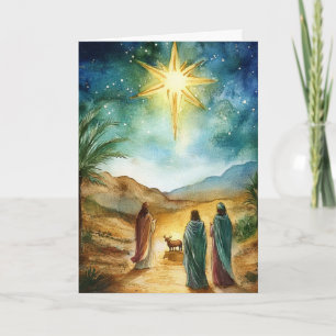 Kerstster en Wijze Mannen Waterverf Geboorte Kaart