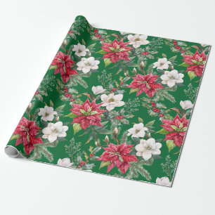 Kerstster Euphorbia, Camellia Bloemen & Bessen Cadeaupapier