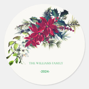 Kerstster krans familienaam ronde sticker