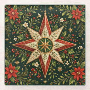Kerstster Ornament Poinsettia Hulst Vintage Glazen Onderzetter