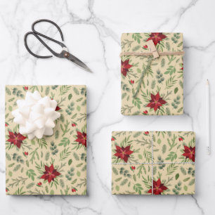 Kerstster Poinsettia Bloemen Dennen Takken Inpakpapier Vel