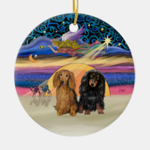 Kerstster - Twee Langharige Dachshonden Keramisch Ornament