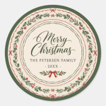 Kerststicker met bloemrand en rode strik