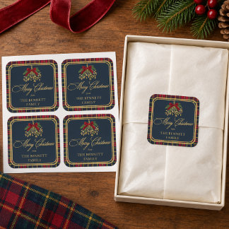 Kerststicker Navy Tartan Monogram Rode Strik Vierkante Sticker